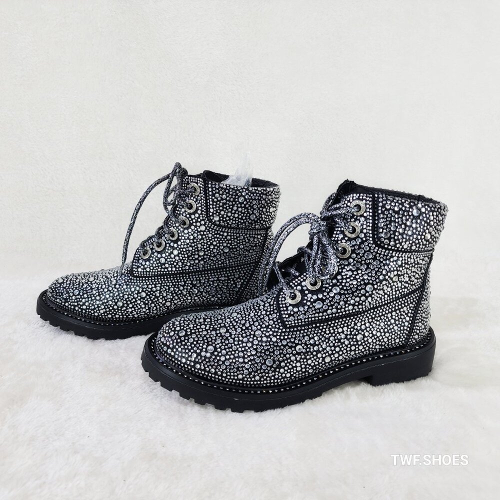 Wonder Sparkling Rhinestone Combat Ankle Boot Metallic Black - Picture 8 of 8